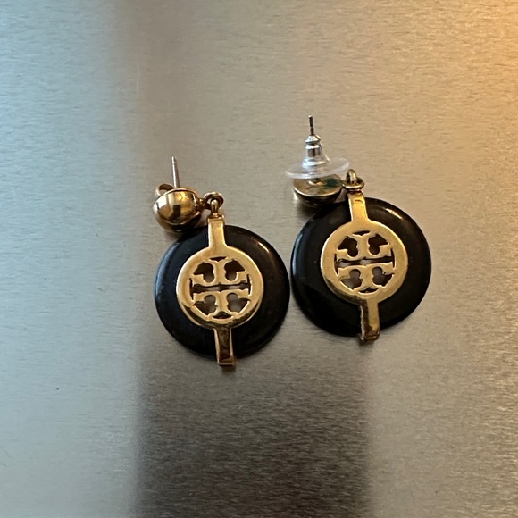 Tory Burch Jewelry - Gold Logo Black Disk Drop Tory Burch Earrings